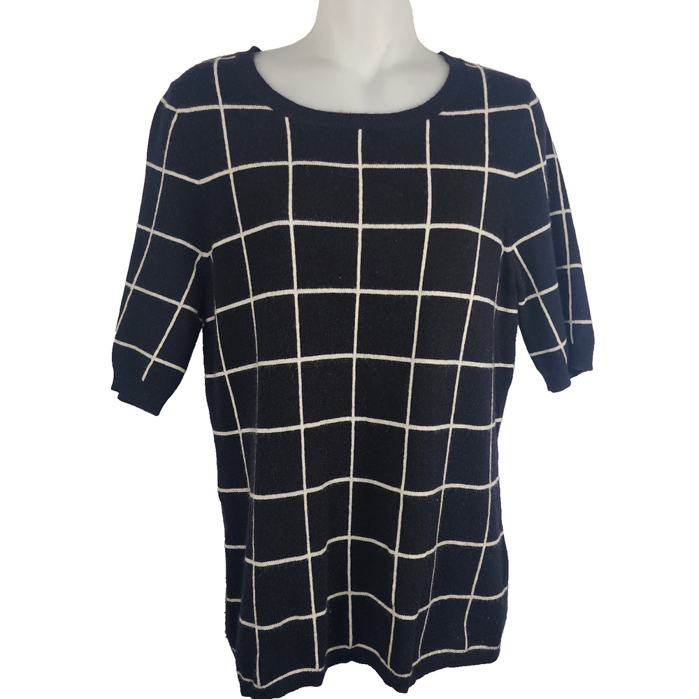 Garnet Hill Womens Top 100% Cashmere Black White Windowpane Grid Short Sleeve M